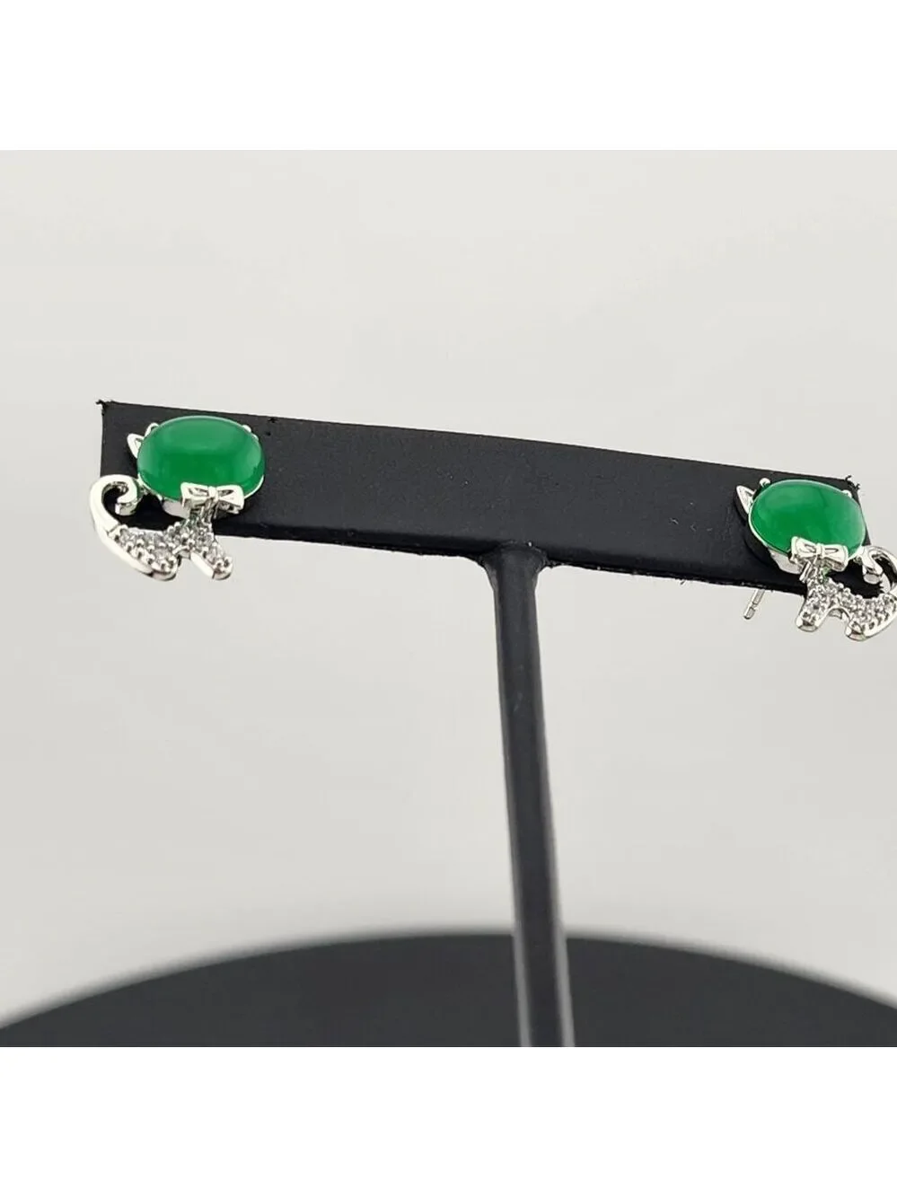 Whimsical Cat Earrings in Brass with Jade Highlights